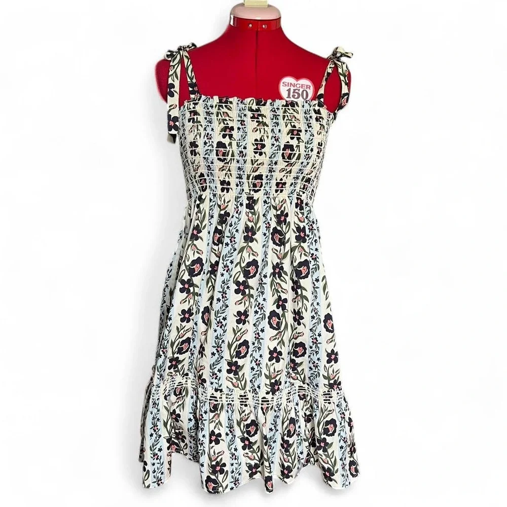 Tory Burch Sleeveless Floral Print Cotton Tiered Dress Tie Straps Size Small